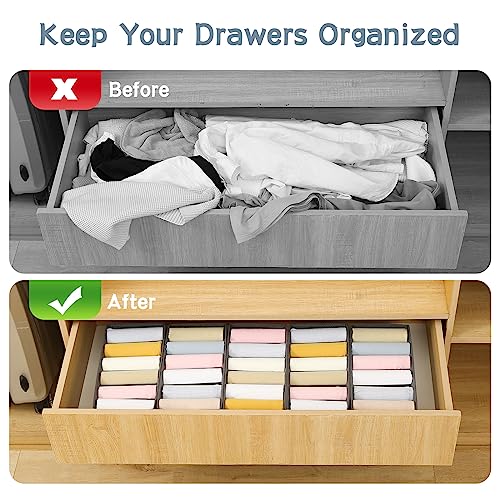 3 Pack Sock Underwear Drawer Organizer Dividers, Non-Woven Fabric Collapsible Cabinet Closet Storage Boxes for Clothes, Socks, Lingerie, Underwear, Tie, Belt, Baby, Bedroom (Gray, 6 Cells)