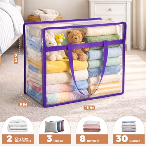 6 Pack Clear Storage Bags for Clothes, 40L Closet Organizers and Storage | Plastic storage with zipper and handle, moving bags, under-bed storage, closet organizer for blankets, comforters, toys