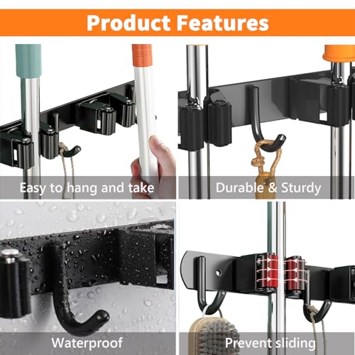CUXIXA Mop and Broom Holder Wall Mount, Upgraded Broom Organizer Wall Mount, Stainless Steel Broom Hanger Wall Mount for Kitchen Garden Laundry Room Decor (3 Racks with 4 Hooks Black)