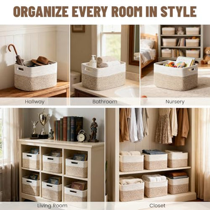 5 Pack Woven Storage Baskets, Decorative Storage Bins for Organizing | 13.8'' × 9.8'' × 7.9'', Cotton Rope Basket Organizer for Closet, Shelves, bathroom, Nursery, Toys, Books, Pantry, Khaki/White