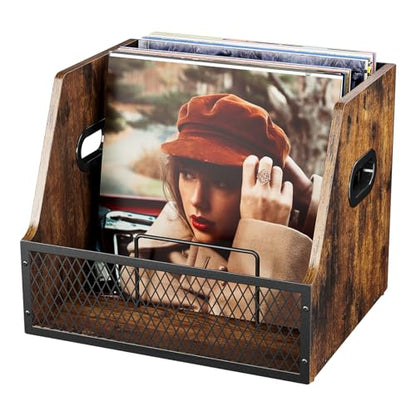 Vinyl Record Storage,Wooden Crate Vinyl Holder with Dividers for Albums & Magazine Rack Organizer for 60+ Records Case Box for 7/10/12 inch