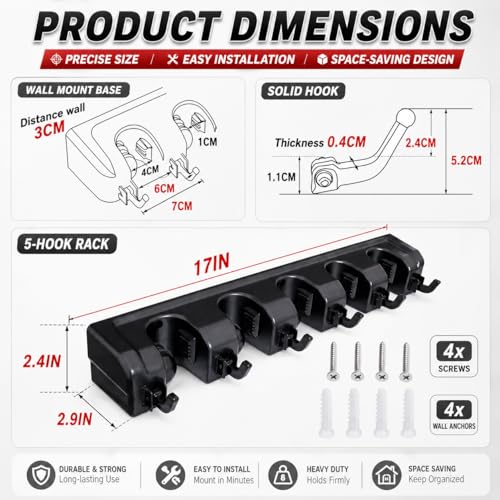 Broom Hanger Wall Mount Broom and Mop Organizer Wall Hanging Garden Tool Organizers Rack Garage Laundry Room Organizations and Storage with Hooks Heavy Duty