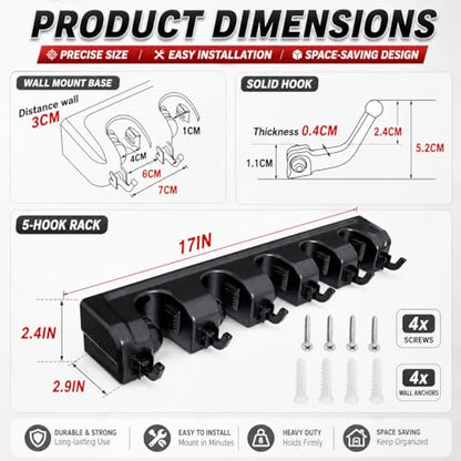 Broom Hanger Wall Mount Broom and Mop Organizer Wall Hanging Garden Tool Organizers Rack Garage Laundry Room Organizations and Storage with Hooks Heavy Duty