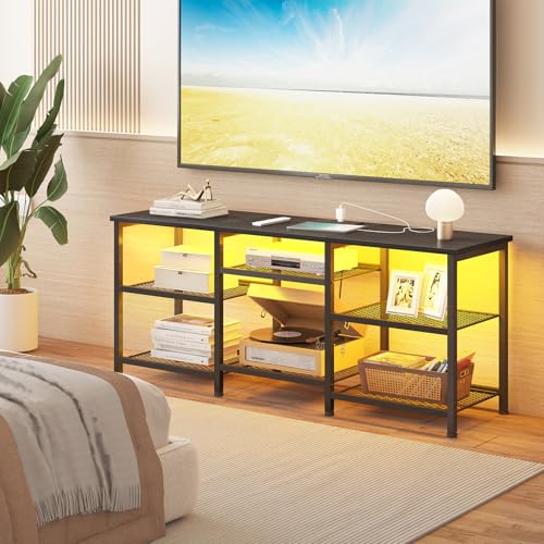 YGEOMER Entertainment Center for TVs Up to 50 Inch, Entertainment Stand with Power Outlet and LED Lights Open Storage Shelves, TV Console Table for Living Room and Bedroom, Black