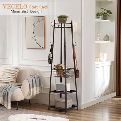VECELO Coat Rack Freestanding,Hall Tree with Metal Basket and Storage Shelves,Industrial Coat Rack Stand with 8 Hooks for Hanging Coats/Hats/Bags/Umbrellas,18 x 18 x 72 In,Matte Black