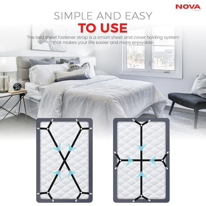 Bed Sheet Holder Straps, Adjustable Elastic, 2pcs Set, Black | Nickel Clamps, Fabric Protectors, Crisscross Design Keeps Sheets Tight, Fits All Mattress Sizes