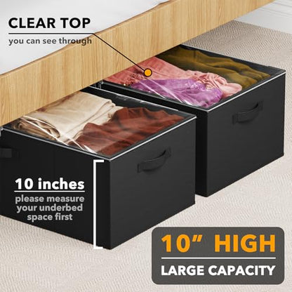 SpaceAid 2 Pack 10" High Under Bed Storage Containers, Large Underbed Storage Organizer Bins with Lids for Bedroom, Dorm, Clothes, Closet Organization, Bed Sheets and Blankets (Black)