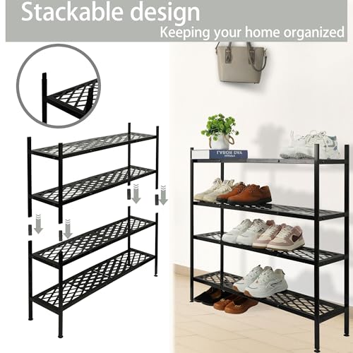 Shoe Rack, 45.6" Expandable Shoe Storage Organizer for Closet - Stackable | 2-Tier Metal Long Shoe Shelf with Sturdy Wire Grid Shoe Stand Holder for Entryway, Garage, Bedroom, Door Entrance, Black