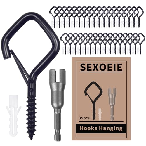 35 PCS Eye Screw Hooks for Hanging Heavy Duty with Safety Buckle.Metal Ceiling Hooks for Hanging Plants,Cup,Wind Chime,Bird Feeders,Christmas String Lights at Indoor&Outdoor,2.36 Inches Black
