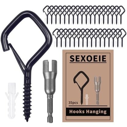 35 PCS Eye Screw Hooks for Hanging Heavy Duty with Safety Buckle.Metal Ceiling Hooks for Hanging Plants,Cup,Wind Chime,Bird Feeders,Christmas String Lights at Indoor&Outdoor,2.36 Inches Black