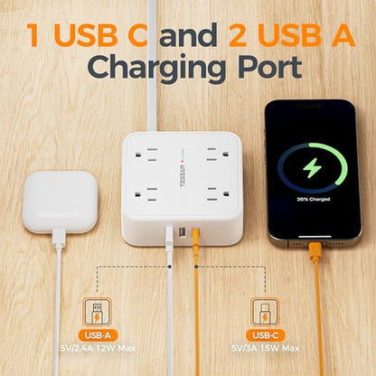TESSAN Surge Protector Power Strip with 900J Surge Protection, 5 Ft, White | 8 AC with 3 USB Ports (1 USB C), Flat Plug Extension Cord, 3 Sided Outlet Extender with Power Switch for Office, Dorm Room