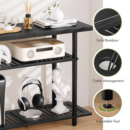Bamboo TV Stand, Small TV Stands for up to 32 Inch, 3-Tier Entertainment Center TV Shelf with Storage, Sturdy Corner TV Stand for Bedroom, Black, 31.5 x 24.2 x 11.8 inches