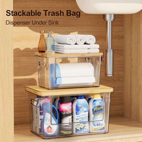 2 Pack Trash Bag Holder with Bamboo Lid for Laundry & Dishwasher Pods, Acrylic Trash Bag Dispenser Roll Containers Under Sink, Plastic Container Garbage Bags Storage Organizer for Kitchen,Cabinet, Pod