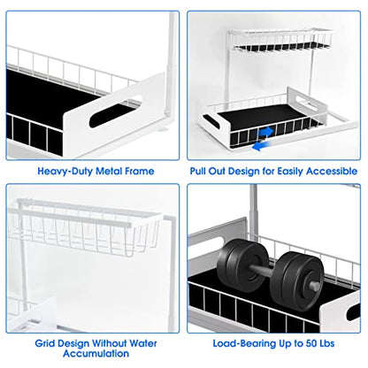 Under Sink Organizer, 2 Tier Pull-Out Cabinet Storage Shelf, Rust-Resistant Metal Organizer for Kitchen Bathroom Laundry Room, No Tools Installation, 1 Pack White