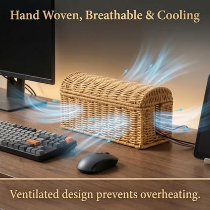 Rattan Cable Management Box, Ventilated Cord Hider with Flip Lid | Hand Woven Craft, Ventilated Heat Dissipation, Easy Access Protective Curved Flip Lid, Boho Woven Decor for Home and Office