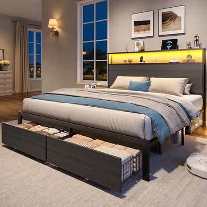 PHGLL Queen Bed Frame with 2-Layer Storage Headboard, Platform Metal Bed Frame with 2 Storage Drawers & 20W Fast-Charging Station & LED, Noise-Free, No Box Spring Needed, Easy Assembly, Rustic Grey
