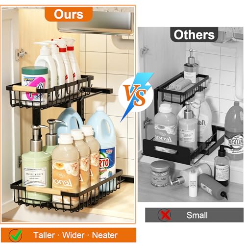 Under Sink Organizer, Adjustable 2 Tier Pull Out Kitchen Bathroom | cabinet organizer, 5 level adjustable, quiet sliding rails, dual suction and nano tape, no drill, rust resistant holds 50 lbs