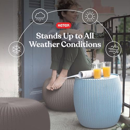 Keter Urban Knit Pouf Ottoman Set of 2 with Storage Table for Patio and Room Décor - Perfect for Balcony, Deck, and Outdoor Seating, Misty Blue & Taupe
