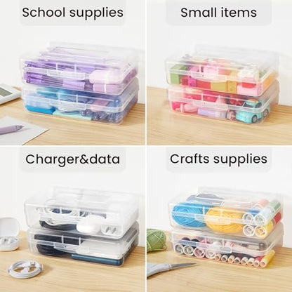 Sooez Plastic Pencil Case Box 6 Pack, Large Crayon Maker Pen Organizer | Plastic Containers with Snap Lids, Stackable Craft Storage Boxes Bulk, School Supplies Art Box for Bead, Clear