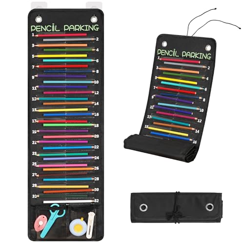 32-Pocket Pencil Parking for Classroom, Hanging Pencil Holder Wall Organizer | Numbered Portable Pencil Parking Pocket Chart, Pencil Holder for Classroom Organization, School Storage Supplies (Black)