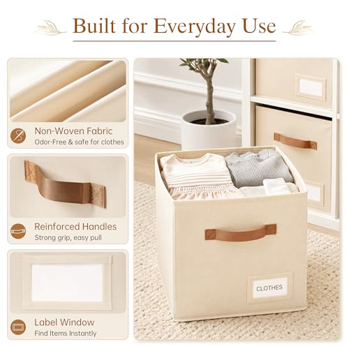 Storage Cubes 8 Pack, 11 Inch Fabric Storage Cubes Organizer Bins with Labels, Odor-Free & Sturdy PP Structure, Cubby Baskets for Closet, Shelves, Toys & Nursery (Beige)
