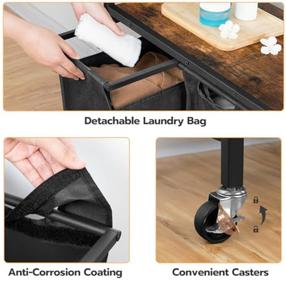 HOOBRO Laundry Sorter 3 Section, Laundry Hamper with Wheels, 3 × 11.5 Gal (43.5 L), Rolling Laundry Basket, Pull-Out and Removable Oxford Fabric Laundry Bags, Rustic Brown and Black BF76XY01