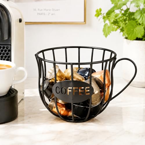 Coffee Pod Holder with Handle,Large Capacity Coffe... (Black | Iron)