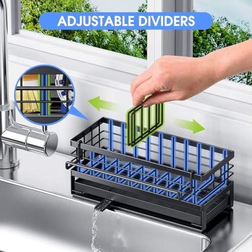 Kitchen Sink Sponge Holder, Rustproof Non-Slip Self-Draining Metal Sink Caddy with Detachable Dish Cloth Holder (Black)