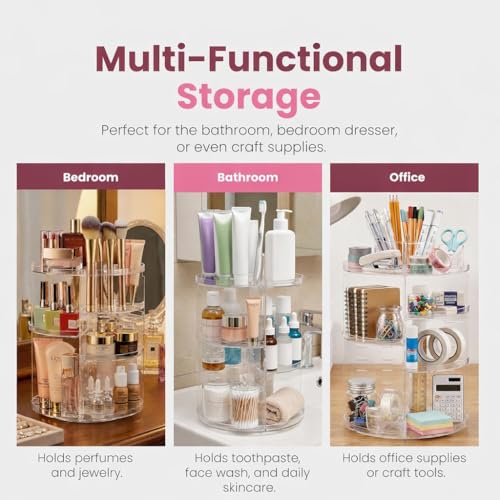 Masirs 360 Rotating Makeup Organizer Countertop, Adjustable Shelf, Clear | 360-Degree Rotating Makeup Organizer, Adjustable Shelf Height, Cosmetic Perfume Skincare Storage, Vanity Countertop, Clear