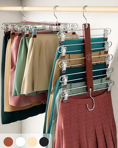 Skirt Hangers Space Saving with Clips - 2 Pack - European Beechwood 5-Tier Hanger for Shorts, Skirts, and Pants - Closet Organizer and Storage Solution for Women with 360° Swivel Hook