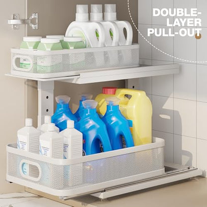 2 Pack Under Sink Organizer With Next-Gen Ball-Bearing Slides,2-Tier Precision Mesh Pull Out Cabinet Drawers Storage for Bathroom&Kitchen,Height Adjustable Shelf,Rust-resistant-Patent Pending