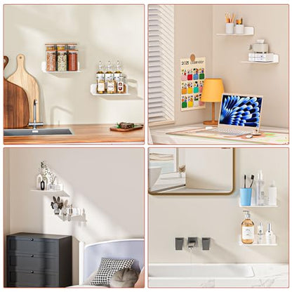 Adhesive Small Wall Shelf 2 Pack, Metal Floating Shelves, 9x4.9 | Rust-proof Aluminum, Piano White Finish, Cable Hole, No Drill，Display Ledges for Living Room Gaming Room Bedroom Bathroom