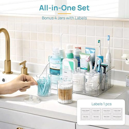 Vtopmart 5 PCS Bathroom Countertop Organizer Sets | 1 Divided Tray, 4 Qtip Holder Jars, Clear, For Toothbrush, Cotton Pads, for bathroom countertop