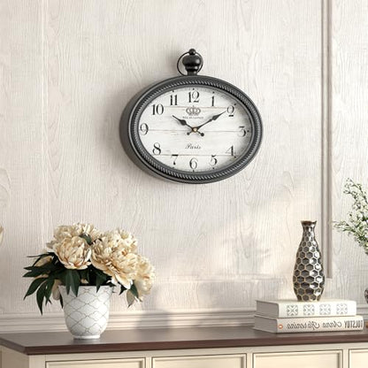 Retro Oval Wall Clock. Black Vintage Antique Style | Battery Operated Decor Wall Clocks for Farmhouse, Living Room,Kitchen,Bedroom,Bathroom (10.5" H x 11.3" W)