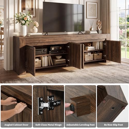 YITAHOME 70 Inch TV Stand with Storage Doors for up to 80" TVs, Dark Walnut | Farmhouse Entertainment Center with Shelves, Media Console Table with Cable Holes for Living Room