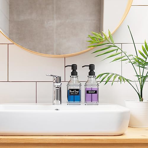 Soap Dispenser - 2 Pack, Antique Design Thick Glass Hand Soap Dispensers with Sturdy Tray; 304 Rust Proof Stainless Steel Black Pump, 12Pcs Stickers, for Kitchen, Bathroom