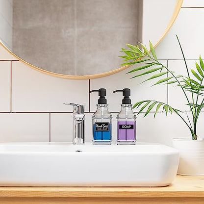 Soap Dispenser - 2 Pack, Antique Design Thick Glass Hand Soap Dispensers with Sturdy Tray; 304 Rust Proof Stainless Steel Black Pump, 12Pcs Stickers, for Kitchen, Bathroom