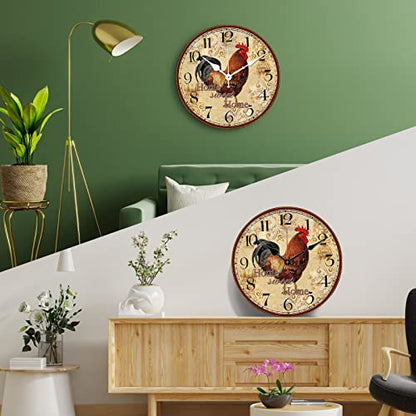 TAHEAT 12 Inch Rooster Wall Clock, Home Sweet Home Farmhouse Decor, Red Vintage Chicken Battery Operated Wall Clocks for Kitchen/Bedroom/Dining Room/Office