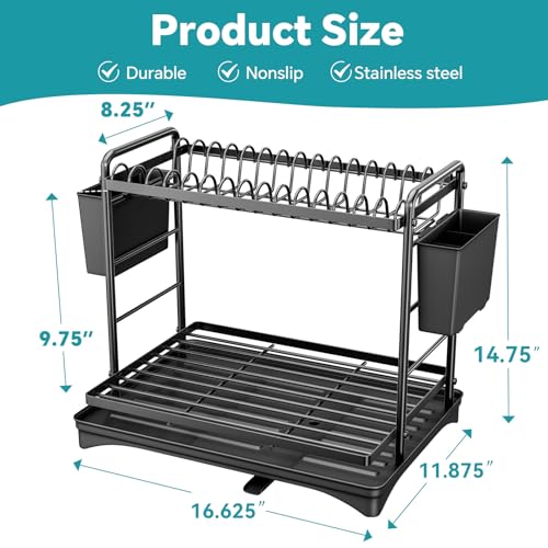 Simple Trending Dish Rack, Dish Drying Rack 2 Tier, Stainless Steel Dish Drainers with Utensil Holder and Drainboard for Kitchen Sink Organizers, 12" w x 16.6" L, Black