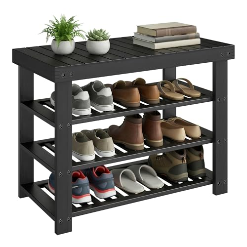 Shoe Rack Bench, 4 Tier Bamboo Shoe Storage Organi... (Ink Black | Bamboo)