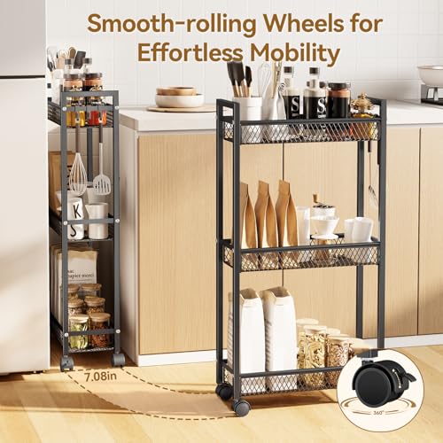 Slim Rolling Storage Cart, Metal 3 Tier Bathroom Storage Organizer Laundry Room Utility Cart for Kitchen, Bthroom, Makeup, Craft, Laundry Narrow Places, Black
