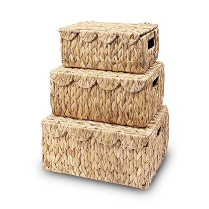 LUSYDECO Set of 3 Scalloped Edge Wicker Basket with Lid, Rectangle Wicker Storage Basket with Built-in Handles, Multipurpose Organizer Rattan Display Boxes for Shelf, Nursery Room