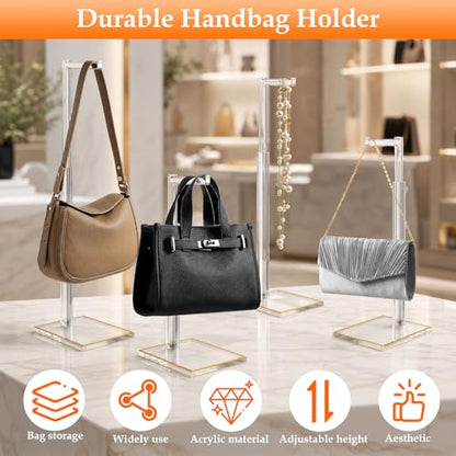 4Pcs Acrylic Purse Display Stands, 14"-24" Adjustable Height Handbag Holder with Anti-Slip Gold Trim Base, Standing Hooks for Necklace Scarf Medal Pocket Watch, Elegant Clear Rack for Closet Retail Boutique Counter