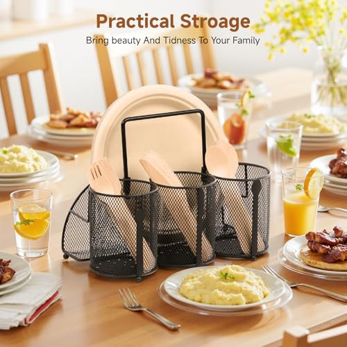 Utensil Caddy Silverware Holder for Party, Metal Mesh Cutlery Storage Organizer for Forks Spoons Napkins Plates, Perfect for Kitchen, Buffet, Picnic, Camping & Outdoor BBQ