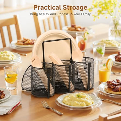 Utensil Caddy Silverware Holder for Party, Metal Mesh Cutlery Storage Organizer for Forks Spoons Napkins Plates, Perfect for Kitchen, Buffet, Picnic, Camping & Outdoor BBQ