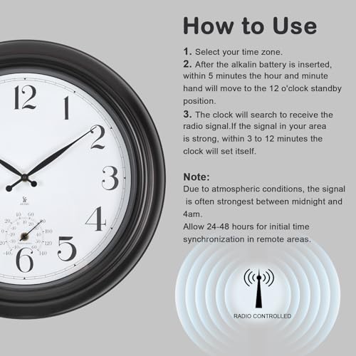 Atomic Outdoor Wall Clock Sealed Waterproof Clock with Temperature | Auto-Set Time, Easy to Read - Large Patio, Pool 18 Inch Clock for Outside, Backyard, Garde