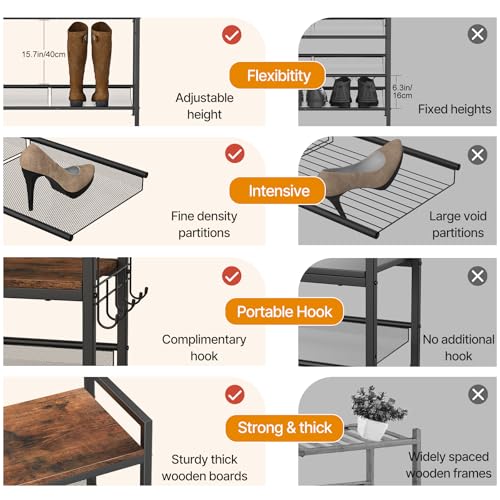 4 Tier Shoe Rack, Shoe Rack for Entryway with Hook, Shoe Organizer with Adjustable Mesh Shelves, Metal Shoe Storage, Closet, Bedroom Living Room Garage