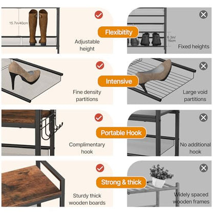 4 Tier Shoe Rack, Shoe Rack for Entryway with Hook, Shoe Organizer with Adjustable Mesh Shelves, Metal Shoe Storage, Closet, Bedroom Living Room Garage