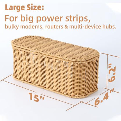 Large Cable Management Box with Lid, Wicker Basket Hides Power Strips, TV Boxes & Routers