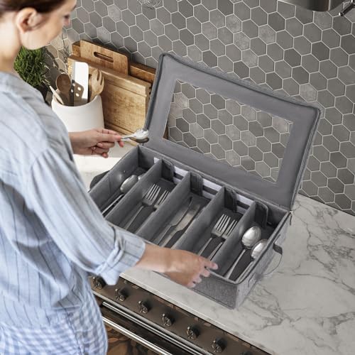 Flatware Utensil Storage Case, Silverware Storage Box Chest with Dividers | 5 Compartment Flatware Storage Box with Zipper Lid for Organizing Cutlery, Flatware, Knives, Large Capacity Gray